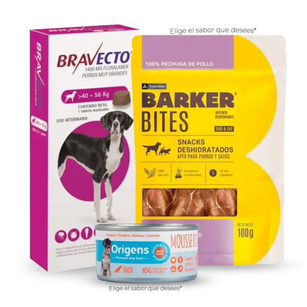 Bravecto Perro 1400MG + Snack Bites Barker + Mousse Origens 85gr