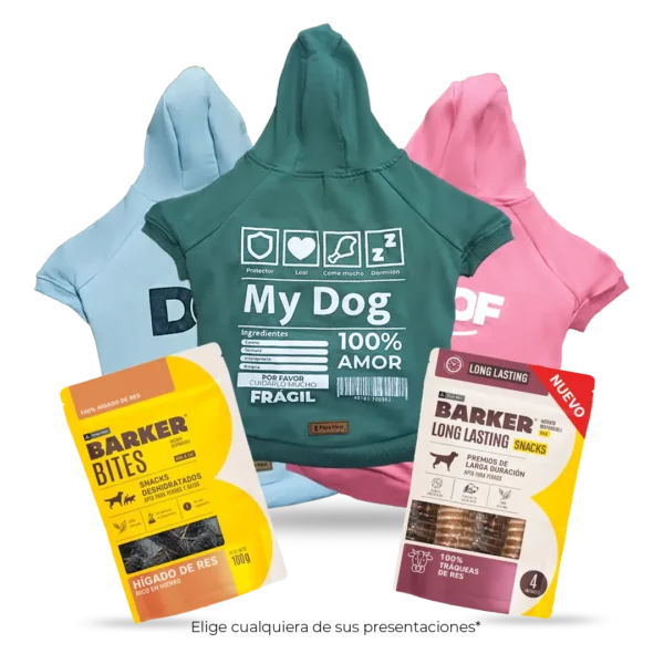 PACK 3 Hoddies PapoWear Para Perro + Snack Bites y Long Lasting Barker