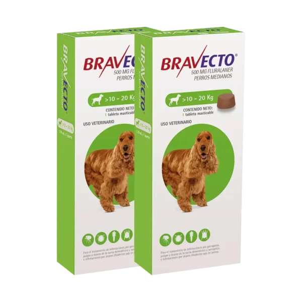 Bravecto Perro 500MG De 10KG a 20KG - 1 Tableta Pack x2