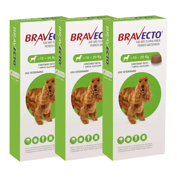 Bravecto Perro 500MG De 10KG a 20KG - 1 Tableta Pack x3